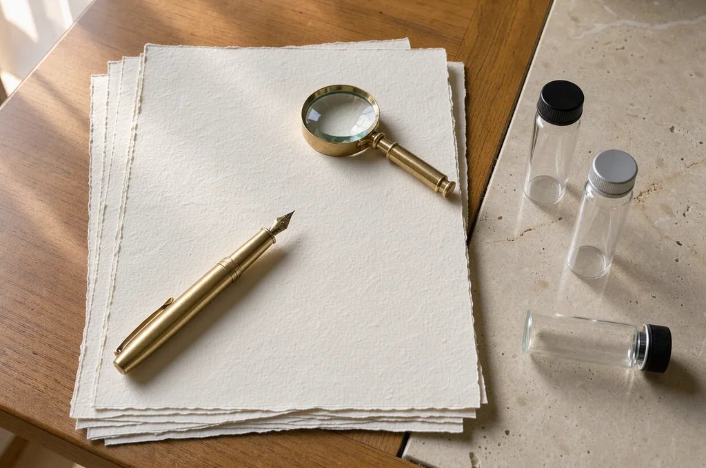 Printed analytical Certificate of Analysis ledger showing HPLC retention peak table and batch identification beside a brass fountain pen and glass vials