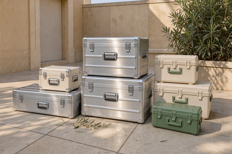 Insulated stainless-steel cold-chain pharmaceutical transport containers and analytical documentation in a sunlit logistics facility