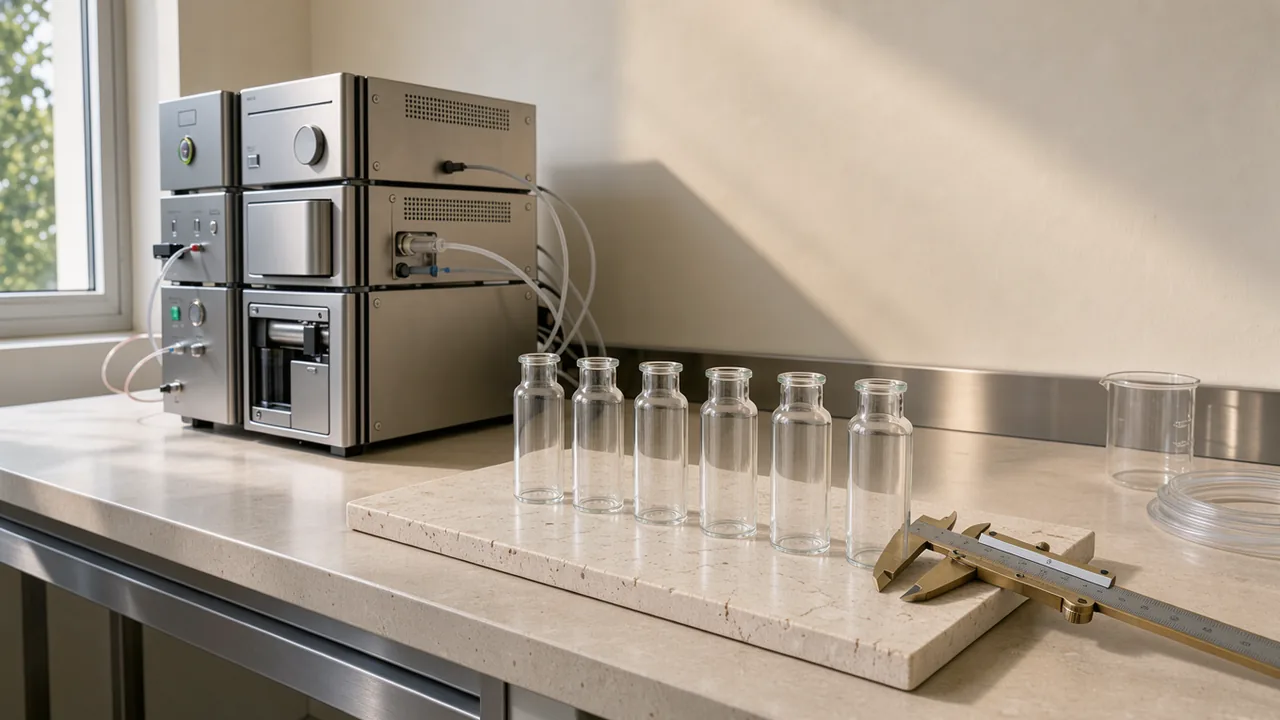 Sunlit analytical chemistry laboratory workbench with stainless steel HPLC autosampler and clear borosilicate glass chromatography vials on travertine limestone