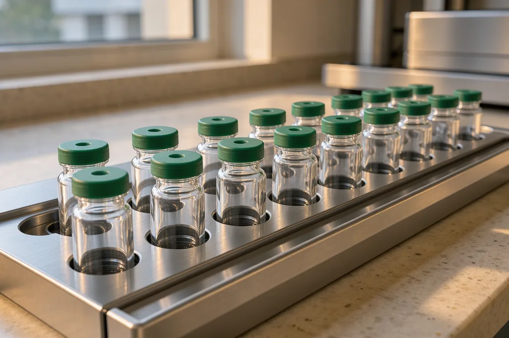 Close-up of stainless steel HPLC chromatography autosampler tray with clear borosilicate glass sample vials in warm daylight