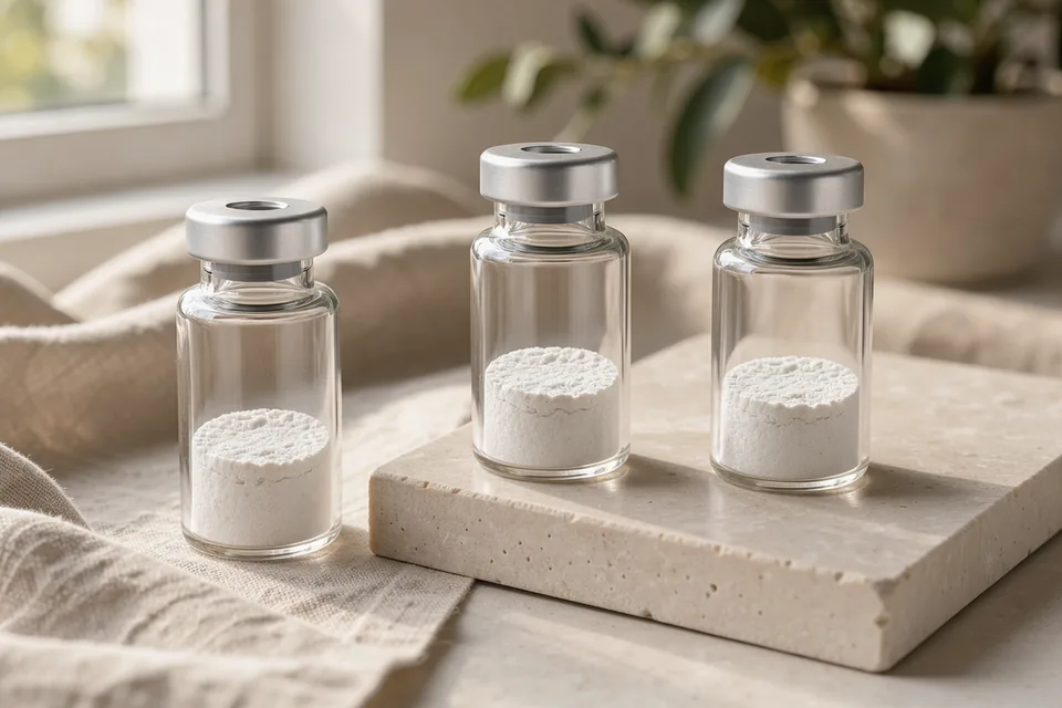 Macro studio photograph of three clear borosilicate glass vials containing white freeze-dried lyophilized peptide cakes on limestone