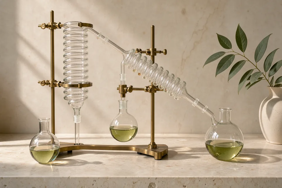 Borosilicate glass distillation condensers and flasks clamped to a brass laboratory stand in warm sunlight