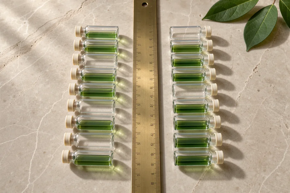 Overhead still life of two symmetrical rows of glass chromatography vials separated by a brass straightedge ruler on travertine stone